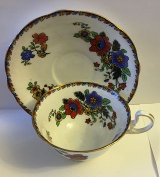 VINTAGE AYNSLEY YELLOW,  BLUE,  RED FLOWERS TEA CUP & SAUCER B111 3