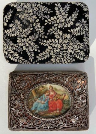 Antique Italian Silver Powder Compact Miniature Painting Mystery Artist Signed