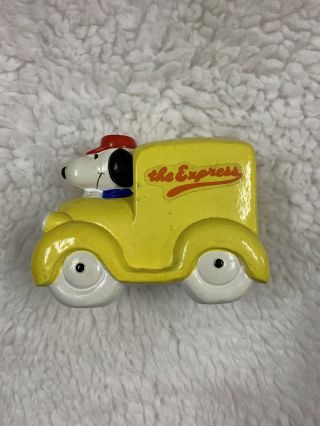 Vintage Snoopy Peanuts Ceramic Coin Piggy Bank The Express Yellow Truck 1966 D2