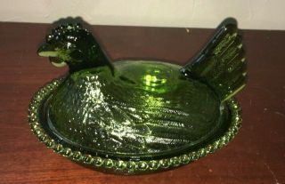 Vtg Carnival Indiana Glass Green Chicken Hen On Nest Candy Dish