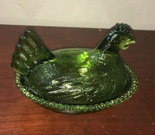 VTG Carnival Indiana Glass Green Chicken Hen On Nest Candy Dish 2
