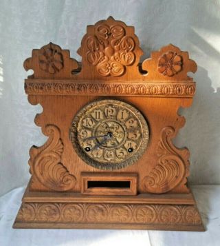 Antique F.  S.  Ingraham Clock Co Carved Oak Gingerbread Parlor Mantel Clock Windup