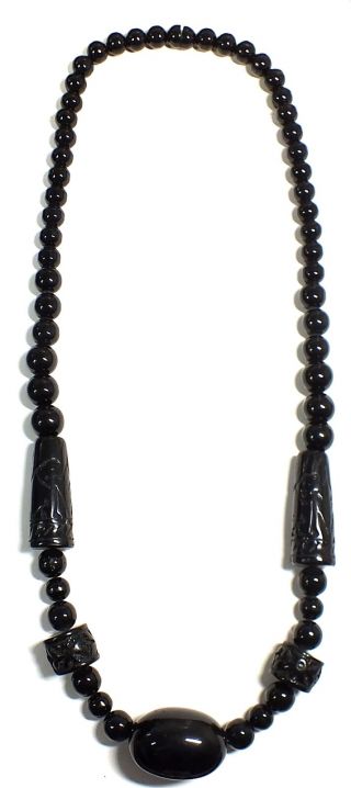 Antique Engraved Nouveau Design Black Jet Bead Necklace,  29.  4 " 106.  58g - D31