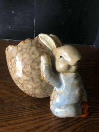 Vintage Ceramic Bunny Rabbit Planter Brown & Blue Rabbit With Egg Easter Spring