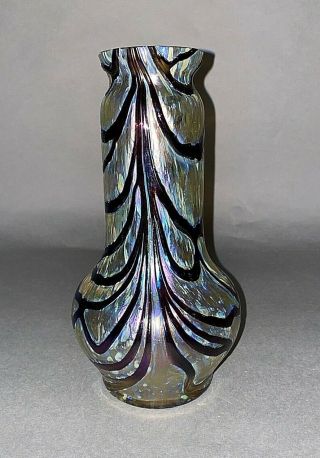Antique Loetz Art Nouveau Glass Vase - Iridescent W Dark Web Swag Pattern 9 "