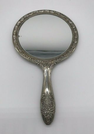 Vintage Silver - Toned / Silverplate Hand Held Mirror Raised Floral Design 7 " Tall