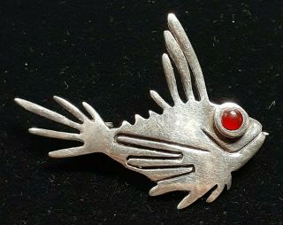 Vintage Sterling Silver Fish Pin / Brooch W/ Red Stone
