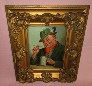 Antique 20th C Oil Painting Portrait German Man Drinking Smoking Ludwig Klein