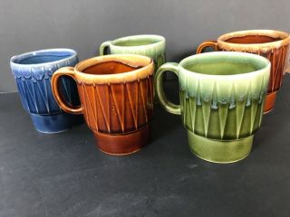 Coffee Cups Set Of 5 Vintage Japan Green Blue Brown Glazed 3x4 " 1960s
