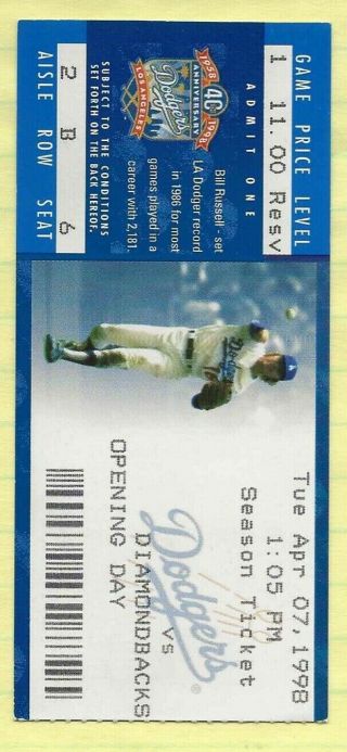 1998 Los Angeles Dodgers Opening Day Ticket Stub Vs.  Diamondbacks