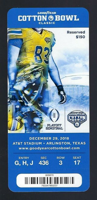 2018 Ncaa Cotton Bowl Full Football Ticket - Clemson Tigers Vs Notre Dame Irish