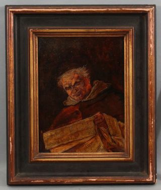 Small Signed? 19thc Antique French Oil Painting Monk & La Figero Newspaper Nr