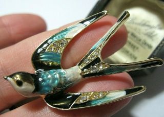 Vintage Style Art Deco Revival 3d Swallow Enamel Crystal Pin Jewellery Brooch