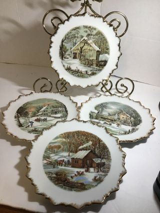 Vintage Currier And Ives Winter Scene Set Of 4 Hanging Plates Japan 2