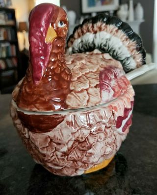 Vintage Ceramic Turkey Tureen Covered Dish Thanksgiving Gravy Bowl Boat w/Ladle 2