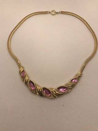 Vintage Signed Trifari Tm Gold Tone Choker Necklace With Pink Glass