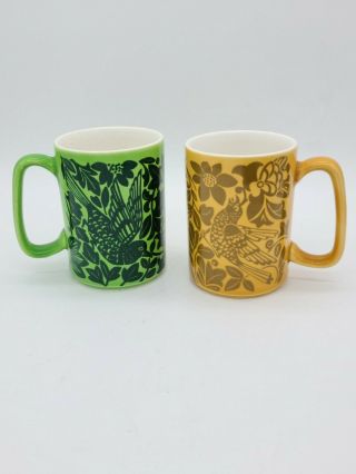 Vintage Celtic Irish Fine Earthenware 2 Tea Mugs Cups Green / Gold Bird Floral