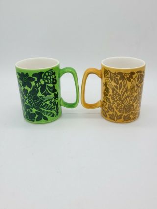 Vintage Celtic Irish Fine Earthenware 2 Tea Mugs Cups Green / Gold Bird Floral 3