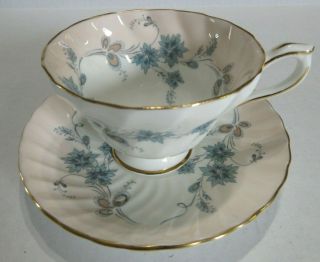 Aynsley Bone China Vintage Tea Cup & Saucer Blue Art Deco Design Floral Swirl