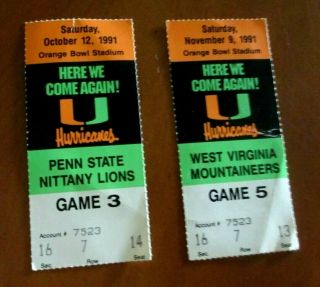 2 Ticket Stubs University Of Miami 10&11/1991