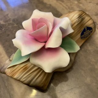 Vintage Nuova Capodimonte Porcelain Pink Rose On A Log Figurine Italy