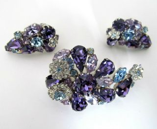 Vintage Juliana? Brooch And Clips Set With Sparkling Purple,  Blue And Clear Ston