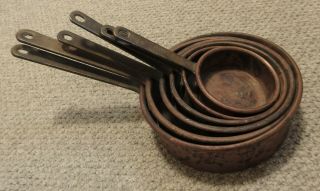 Antique Set Of 6 Vintage Copper Pots Pans Patina Riveted Brass Handle Cookware