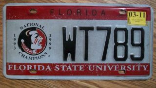 Single Florida License Plate - 2011 - Wt789 - Florida State University