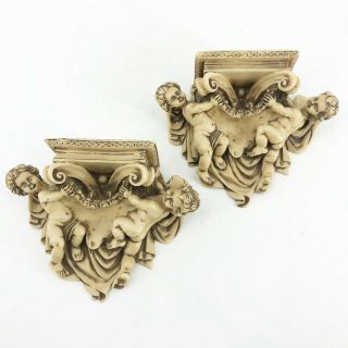 Vintage Italy French Provincial Wall Shelf Sconce Naked Cherub Angel Heart Set