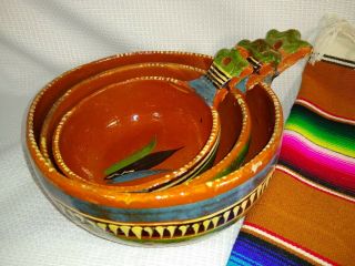 Vintage Mexican Redware Pottery Tlaquepaque 3 Nesting Bowls Mexico Hand Painted