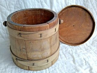 Antique Vintage Primitive Wooden Firken Firkin Sugar Bucket W/ Lapped Bands Lid