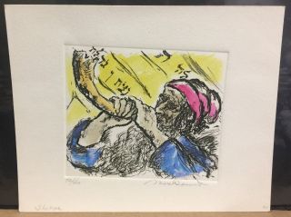 Vintage " Shofar " Hand Colored Lithograph Ira Moskowitz Hand Signed & Numbered