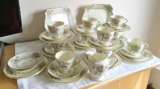 Vintage Art Deco Plant Tuscan Porcelain 25piece Tea Service Flowers &gold Gilded