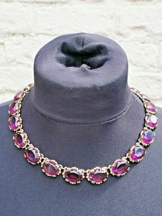 Vintage Yellow Metal And Purple Rhinestone Necklace