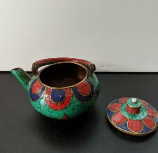 Antique Tibetan Handmade Copper Decorative Teapot,  Nepal Inlay Cute Small Vase 2