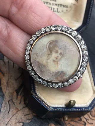 Antique Victorian Sterling Silver Paste Portrait Miniature Painting Brooch /pin