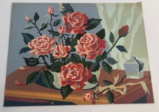 Vintage Paint By Number Roses Bouquet 16” X 12” Unframed Pbn