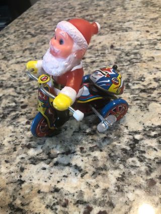 Vintage Collectible Tin Wind Up Toy Santa Claus On Tricycle By Suzuki