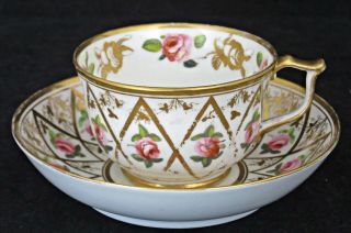 Antique Royal Crown Derby Porcelain Cup & Saucer,  Roses,  Wishbone Handle,  C1820