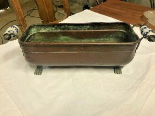 Vintage French Copper Planter Jardiniere With Porcelain Handles & Lion Feet
