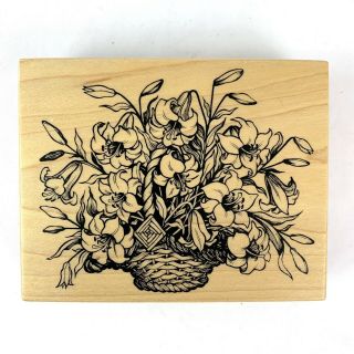 Vtg Psx Basket Of Flowers K - 1627 Botanical Rubber Stamp Wood Mounted 1995 Usa