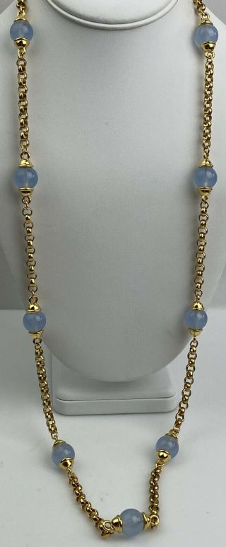 Vintage Joan Rivers Blue Glass Pearl Bead Gold Tone Chain Long Necklace 32 Inch