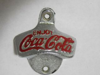Vintage Coca Cola Bottle Opener Wall Mount Silvertone With Red Lettering