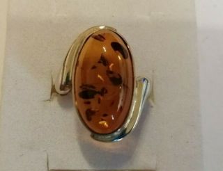 Large Vintage Sterling Silver And Amber Ring Size Q,