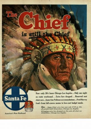 1954 Santa Fe Rr Chief Passenger Train Native American Chief Vintage Print Ad