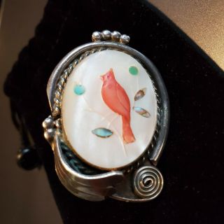 Vintage Signed Zuni Sterling Silver Ring Mother Of Pearl Stone Inlay K.  Y.  Bill