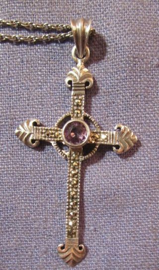 Vintage Sterling Silver With Marcasite & Purple Stone Cross 18 Inch Ster Chain