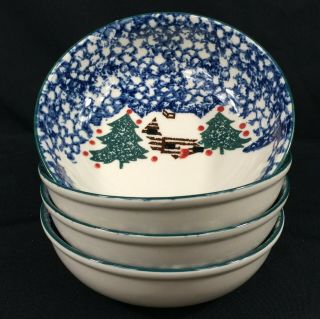 Set Of 4 Vtg Cereal Bowls 6 1/2 " Tienshan Folkcraft Cabin In The Snow Christmas