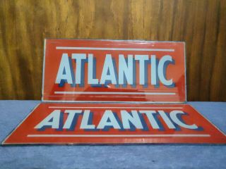 (2) Antique Atlantic Gas Pump Advertising Glass Inserts Gasoline Fuel Oil Signs
