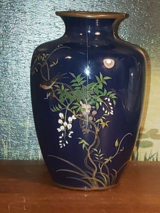 Vintage Chinese Cloisonne Enamel 3.  5” Vase Flowers Blue With Birds And Flowers